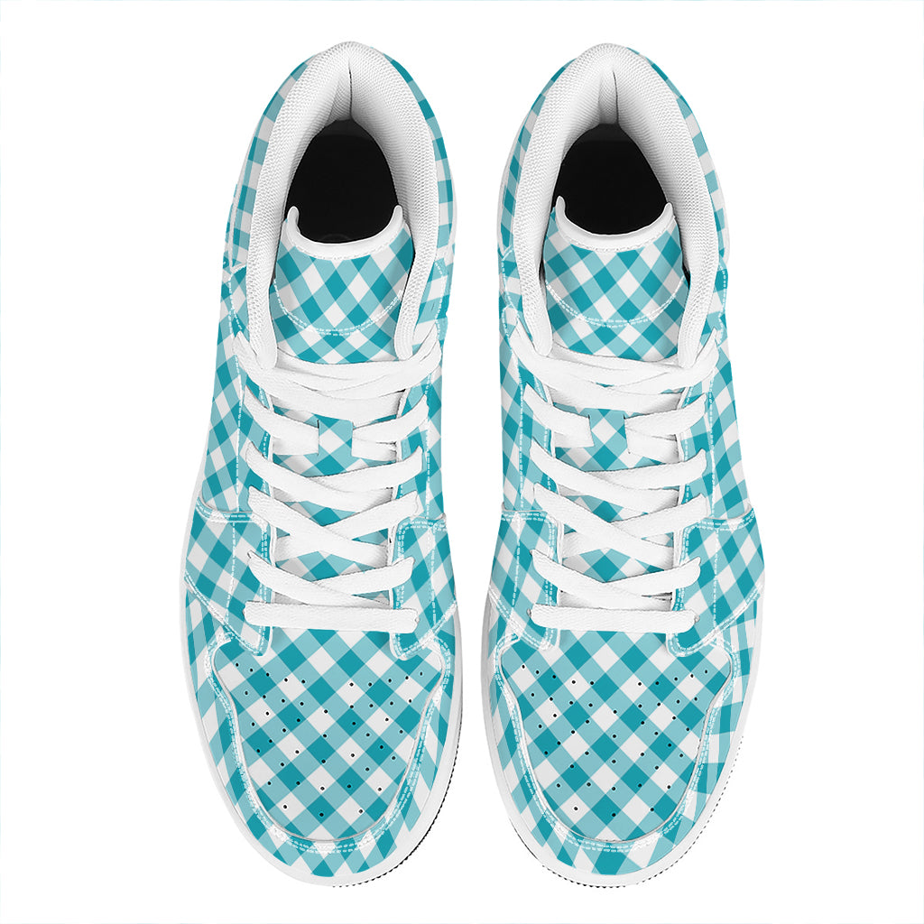 Teal And White Gingham Pattern Print High Top Leather Sneakers
