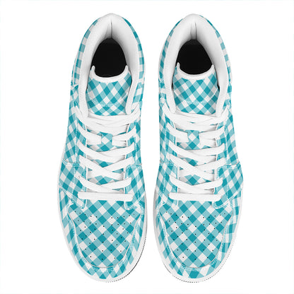 Teal And White Gingham Pattern Print High Top Leather Sneakers