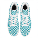 Teal And White Gingham Pattern Print High Top Leather Sneakers