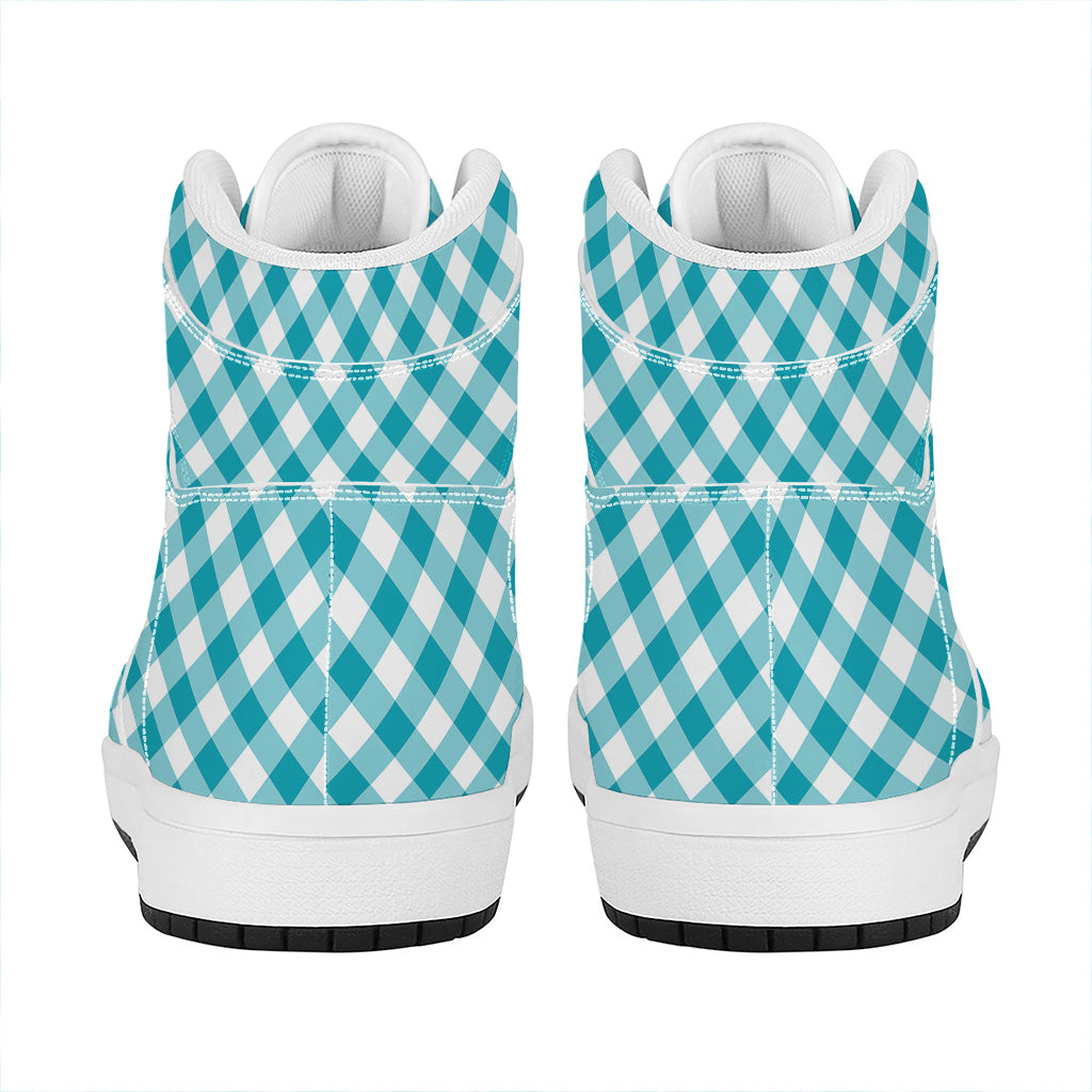 Teal And White Gingham Pattern Print High Top Leather Sneakers