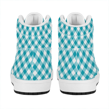 Teal And White Gingham Pattern Print High Top Leather Sneakers