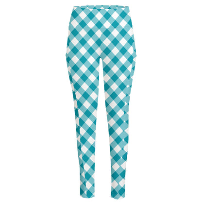 Teal And White Gingham Pattern Print High-Waisted Pocket Leggings