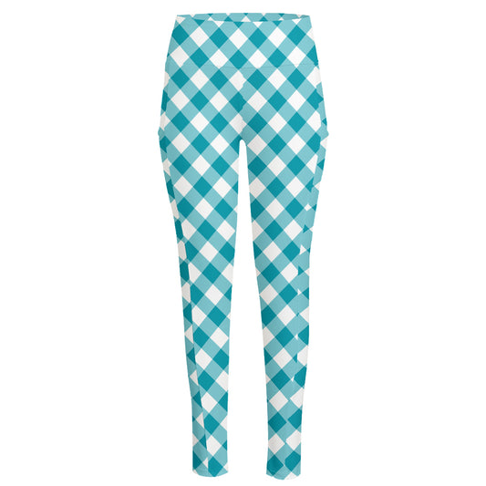 Teal And White Gingham Pattern Print High-Waisted Pocket Leggings