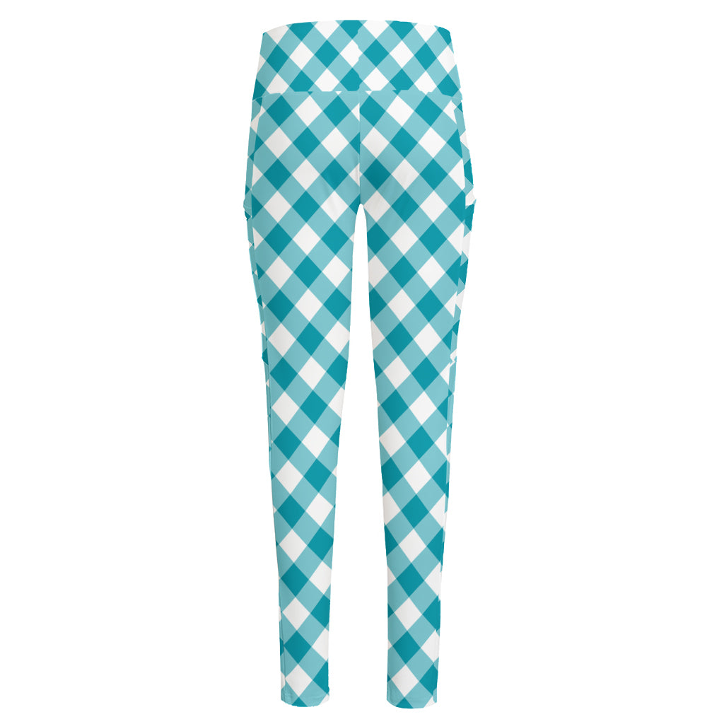 Teal And White Gingham Pattern Print High-Waisted Pocket Leggings