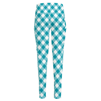 Teal And White Gingham Pattern Print High-Waisted Pocket Leggings