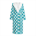 Teal And White Gingham Pattern Print Hooded Bathrobe