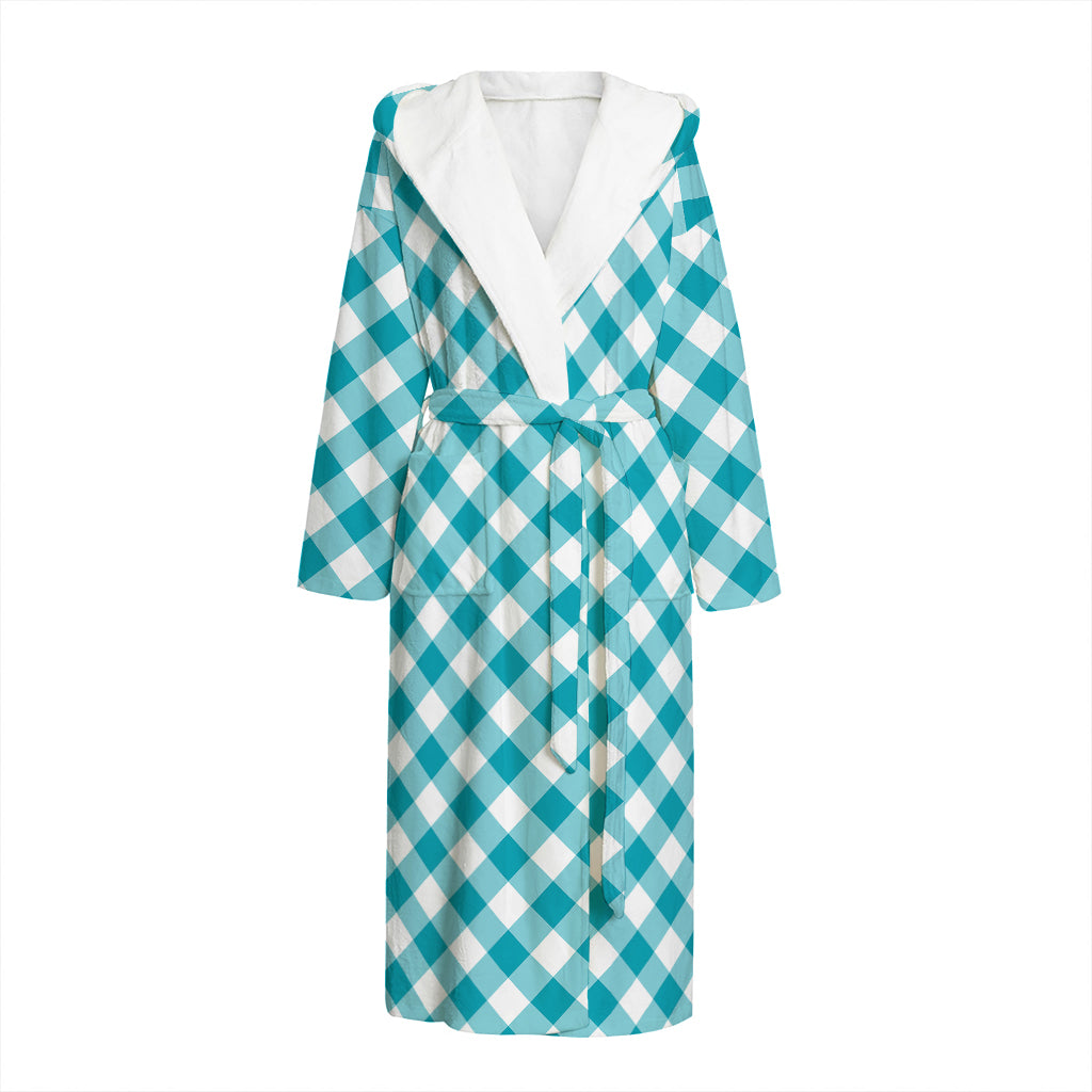 Teal And White Gingham Pattern Print Hooded Bathrobe