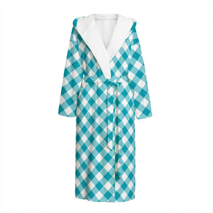 Teal And White Gingham Pattern Print Hooded Bathrobe