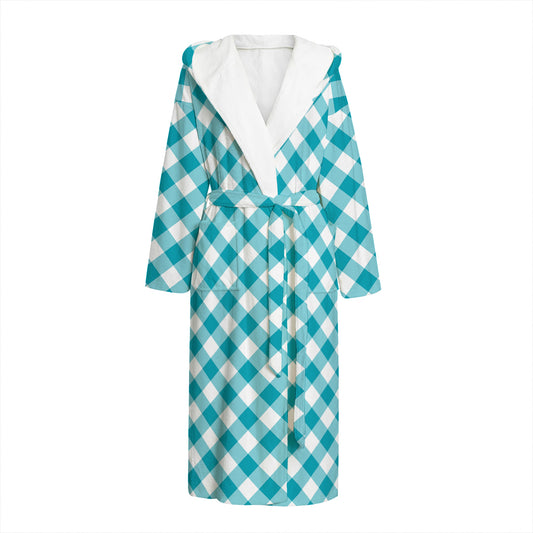 Teal And White Gingham Pattern Print Hooded Bathrobe