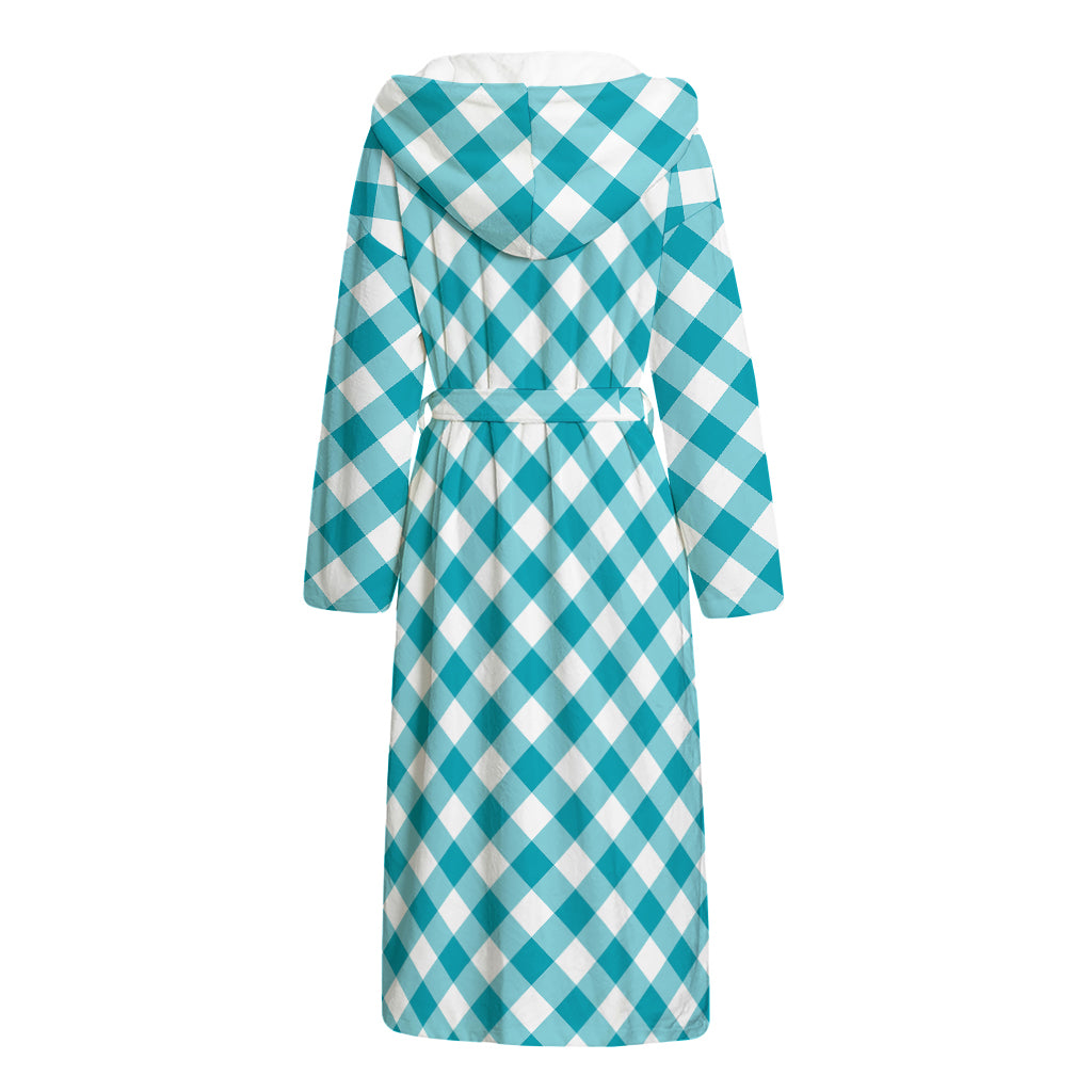 Teal And White Gingham Pattern Print Hooded Bathrobe