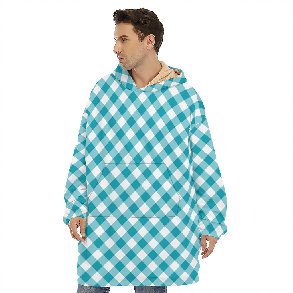Teal And White Gingham Pattern Print Hoodie Blanket