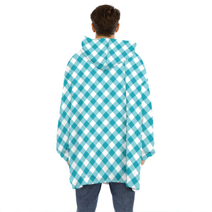 Teal And White Gingham Pattern Print Hoodie Blanket