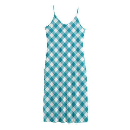 Teal And White Gingham Pattern Print Jersey Midi Cami Dress
