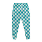 Teal And White Gingham Pattern Print Jogger Pants