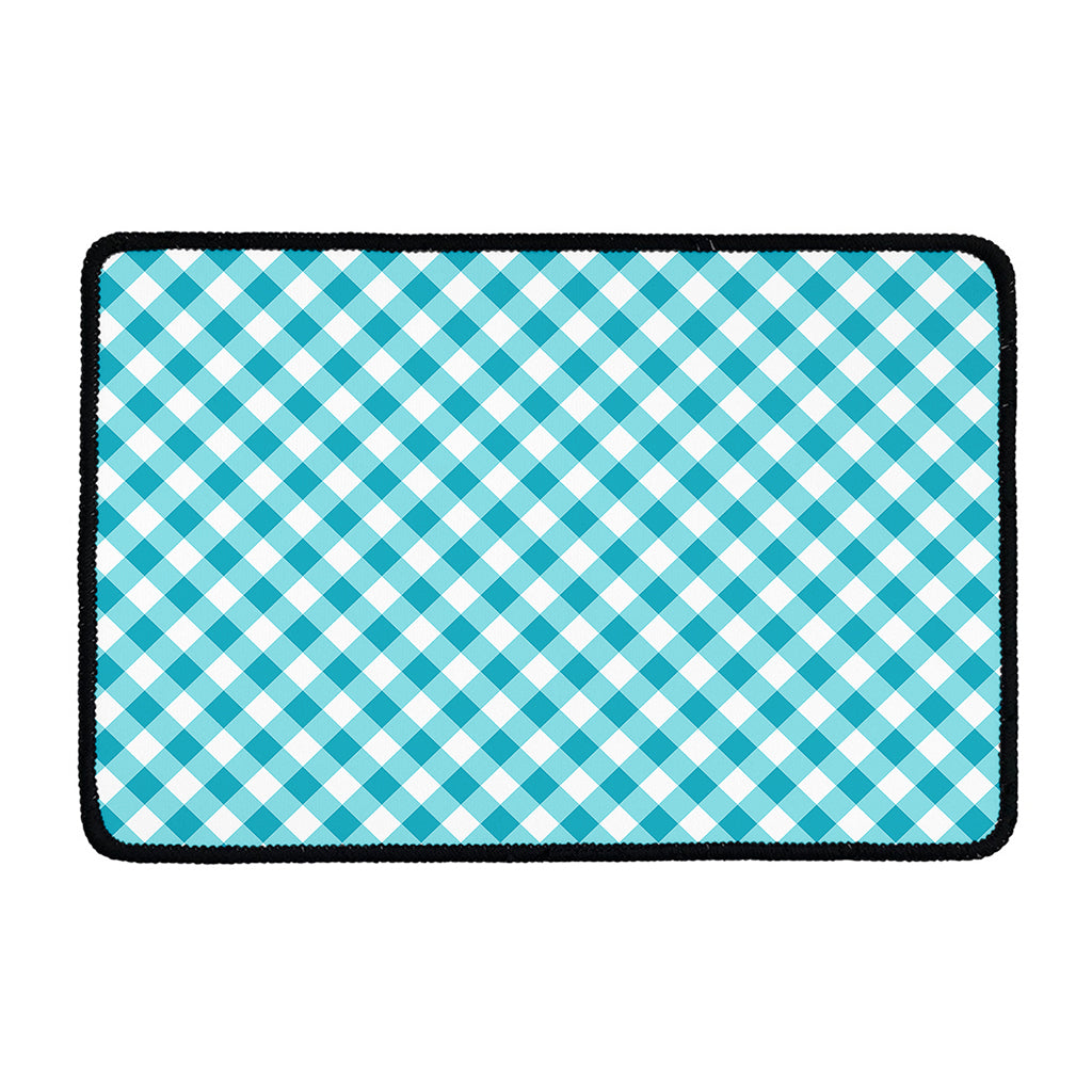 Teal And White Gingham Pattern Print Kitchen Mat
