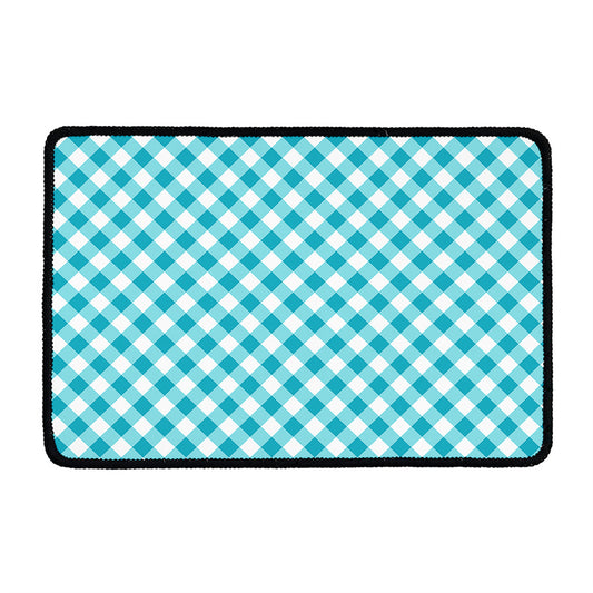 Teal And White Gingham Pattern Print Kitchen Mat