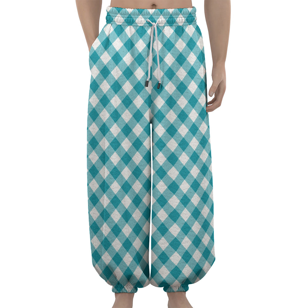 Teal And White Gingham Pattern Print Lantern Pants