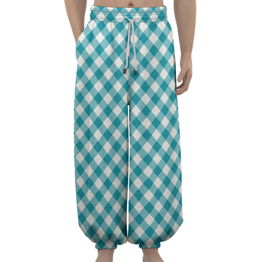 Teal And White Gingham Pattern Print Lantern Pants
