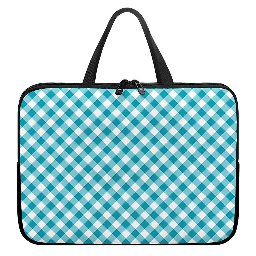 Teal And White Gingham Pattern Print Laptop Sleeve With Handle