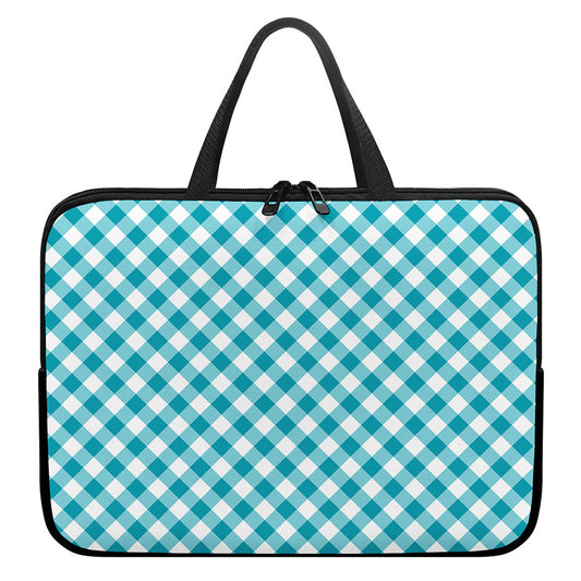 Teal And White Gingham Pattern Print Laptop Sleeve With Handle