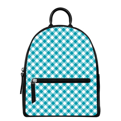 Teal And White Gingham Pattern Print Leather Backpack