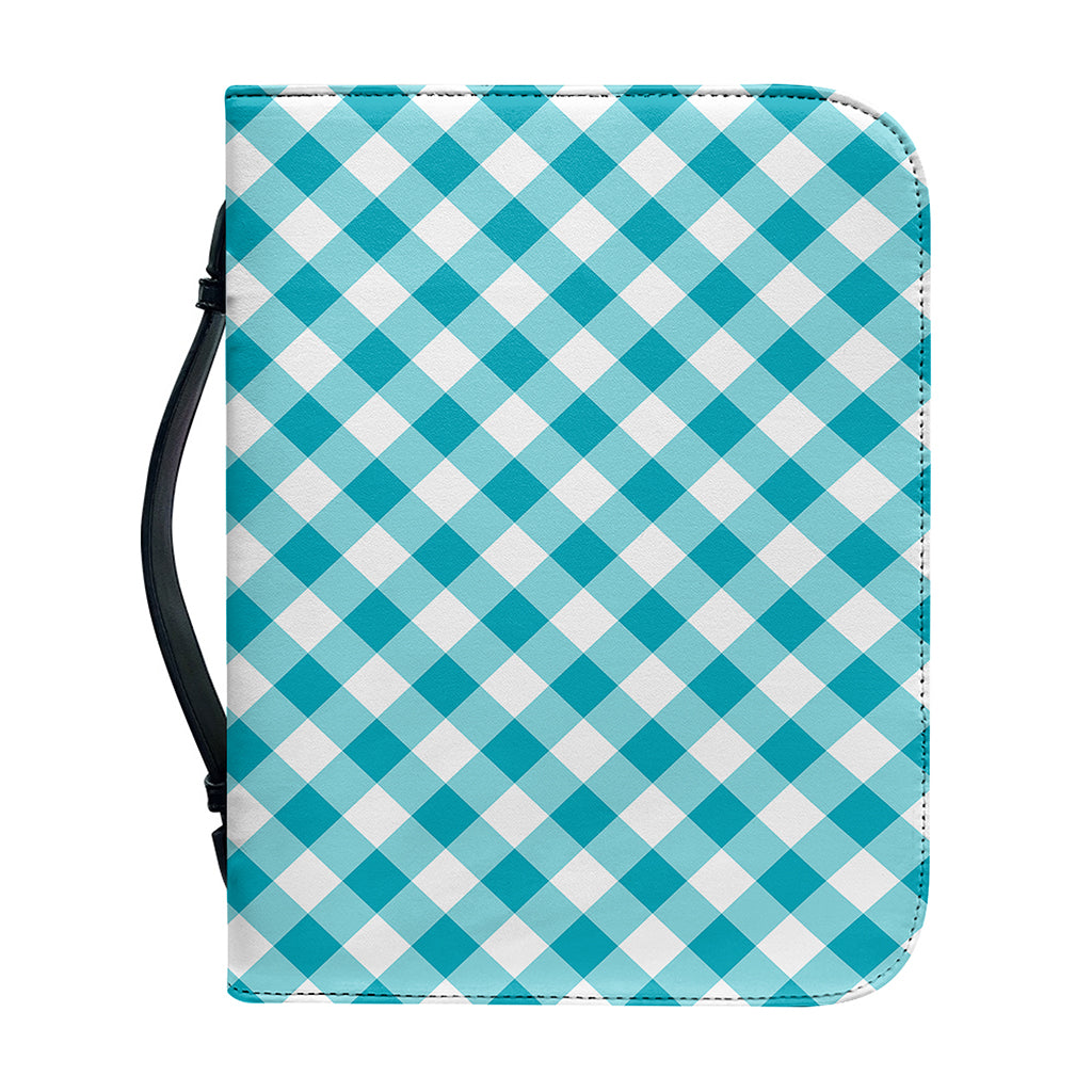 Teal And White Gingham Pattern Print Leather Bible Cover