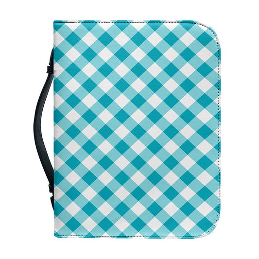 Teal And White Gingham Pattern Print Leather Bible Cover