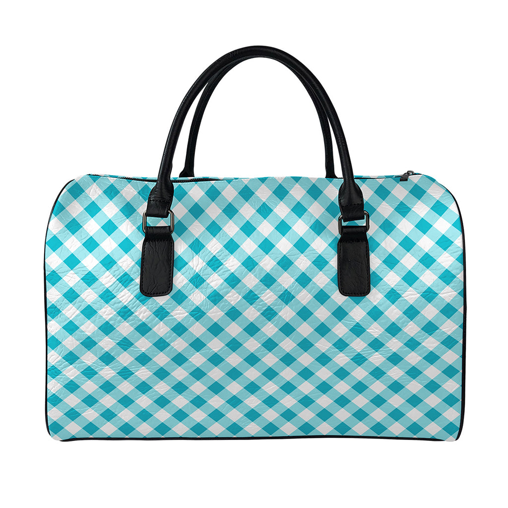 Teal And White Gingham Pattern Print Leather Duffle Bag