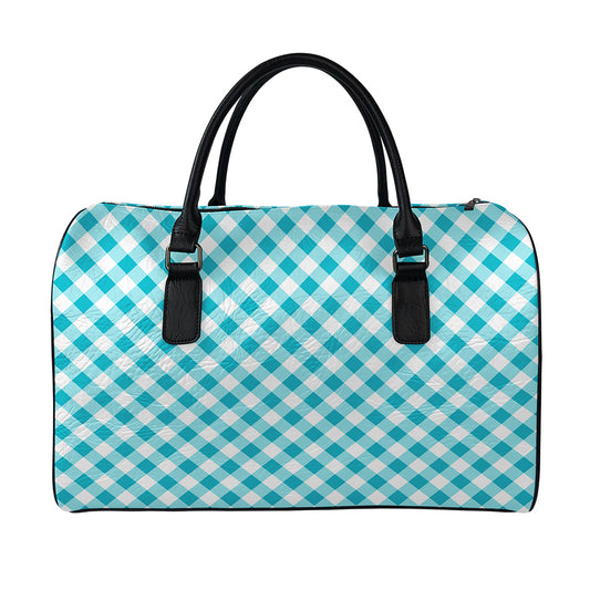 Teal And White Gingham Pattern Print Leather Duffle Bag