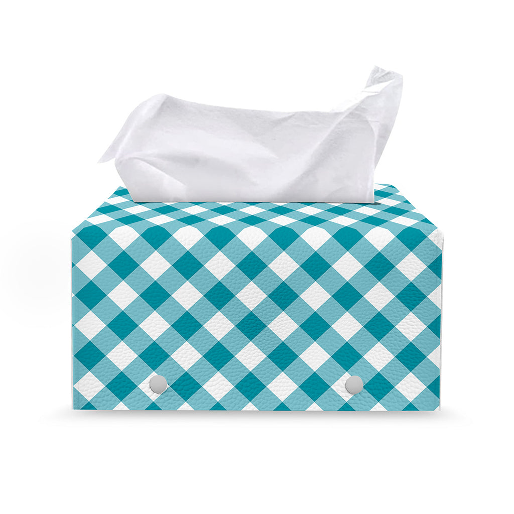 Teal And White Gingham Pattern Print Leather Tissue Box Cover