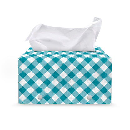 Teal And White Gingham Pattern Print Leather Tissue Box Cover