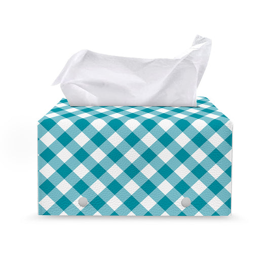 Teal And White Gingham Pattern Print Leather Tissue Box Cover
