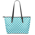 Teal And White Gingham Pattern Print Leather Tote Bag With Zipper