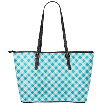 Teal And White Gingham Pattern Print Leather Tote Bag