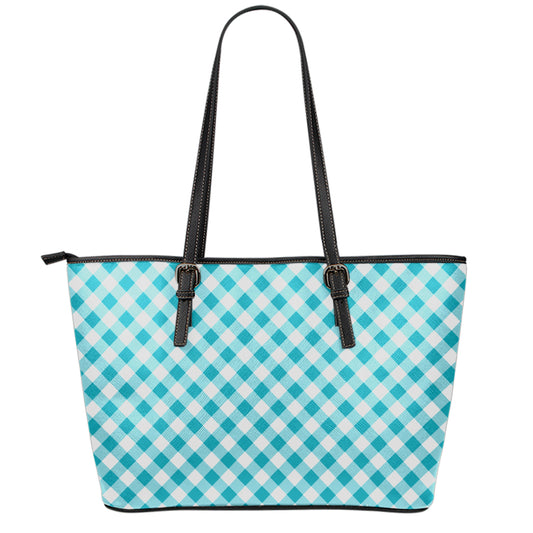 Teal And White Gingham Pattern Print Leather Tote Bag