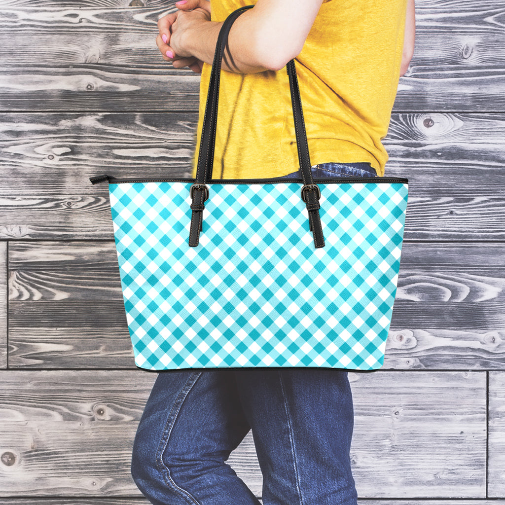 Teal And White Gingham Pattern Print Leather Tote Bag