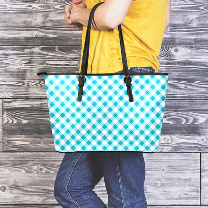 Teal And White Gingham Pattern Print Leather Tote Bag