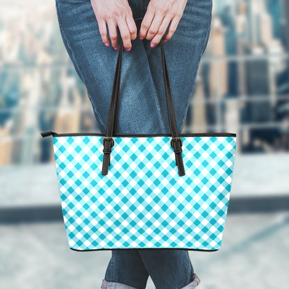 Teal And White Gingham Pattern Print Leather Tote Bag