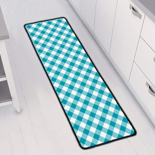 Teal And White Gingham Pattern Print Long Kitchen Mat
