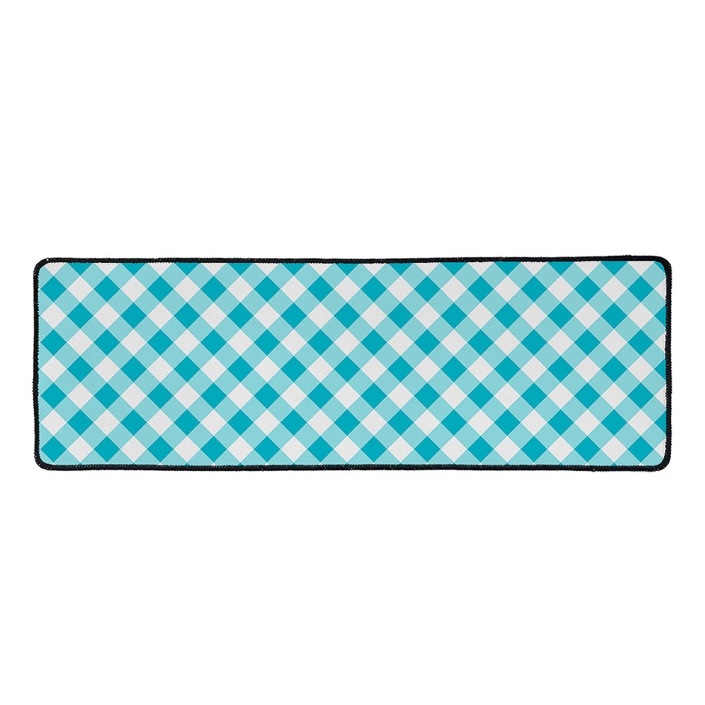 Teal And White Gingham Pattern Print Long Kitchen Mat