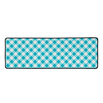Teal And White Gingham Pattern Print Long Kitchen Mat