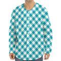 Teal And White Gingham Pattern Print Long Sleeve Baseball Jersey