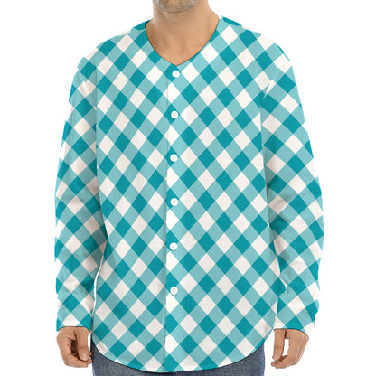 Teal And White Gingham Pattern Print Long Sleeve Baseball Jersey