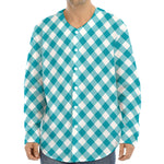 Teal And White Gingham Pattern Print Long Sleeve Baseball Jersey