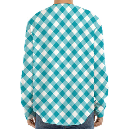 Teal And White Gingham Pattern Print Long Sleeve Baseball Jersey