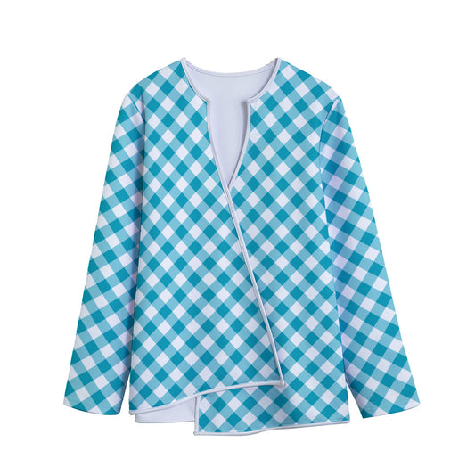 Teal And White Gingham Pattern Print Long Sleeve Short Coat