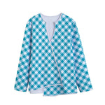 Teal And White Gingham Pattern Print Long Sleeve Short Coat