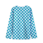 Teal And White Gingham Pattern Print Long Sleeve Short Coat