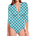 Teal And White Gingham Pattern Print Long Sleeve Swimsuit