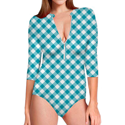 Teal And White Gingham Pattern Print Long Sleeve Swimsuit